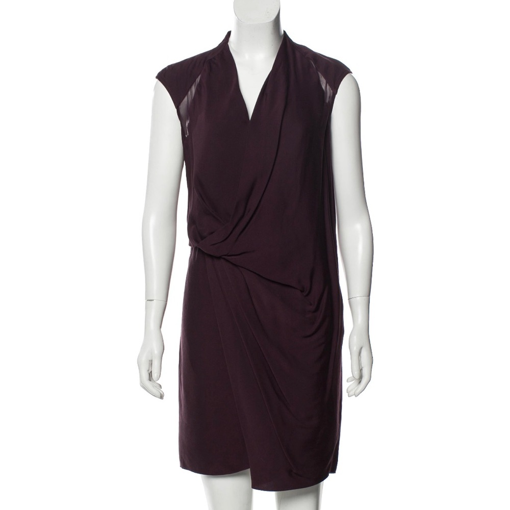 HELMUT LANG Burgundy Sleeveless V-Neck Mini Dress with Mesh Paneling Details